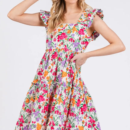 Mittoshop Flower Print Ruffle Shoulder A-line Mini Dress - Image 3