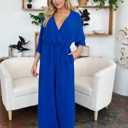 Double Take Full Size Surplice Wide Leg Jumpsuit with Pockets - Image 10