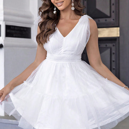 V-Neck Shoulder Detail Mesh Dress - Image 5