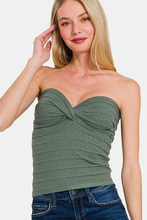 Zenana Ruched Twisted Sweetheart Neck Top - Image 1