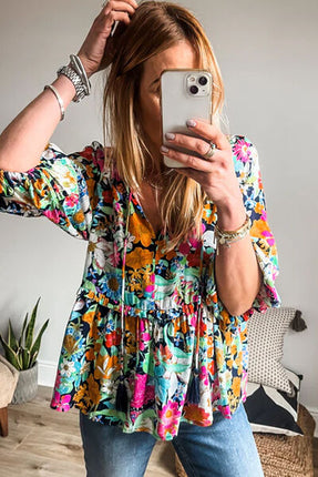 Floral Tie Neck Balloon Sleeve Blouse - Image 2