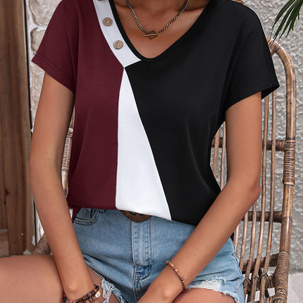 Ivy Lane Color Block Decorative Button V-Neck Tee - Image 10