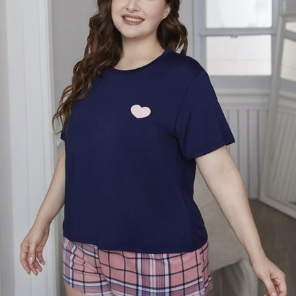 Plus Size Heart Graphic Top and Plaid Shorts Loungewear Set - Image 1