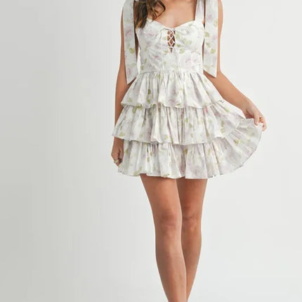 MABLE Floral Print Shoulder Tie Layered Mini Dress - Image 9
