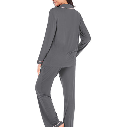 Collared Neck Long Sleeve Loungewear Set with Pockets - Image 24