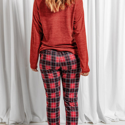 Round Neck Top and Drawstring Plaid Pants Lounge Set - Image 2