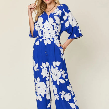 Double Take Full Size Printed Tie Back Wide Leg Jumpsuit - Image 1