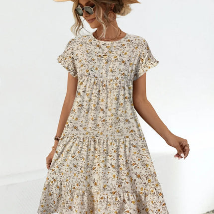 Frill Floral Round Neck Short Sleeve Tiered Dress - Image 10