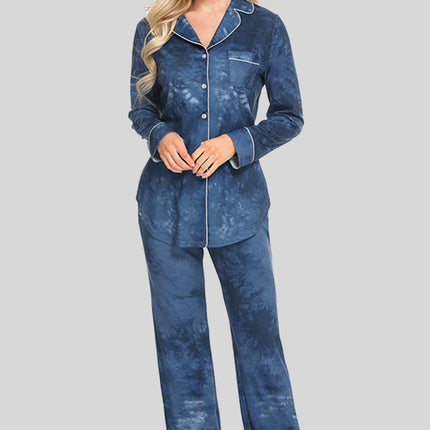 Collared Neck Long Sleeve Loungewear Set with Pockets - Image 25