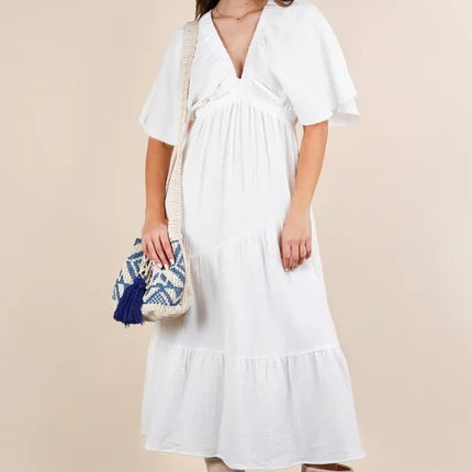 VERY J Mineral Washed Elastic Neck Detail Midi Dress - Image 1