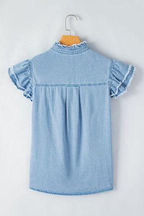 Button Down Raw Hem Ruffled Denim Shirt - Image 6