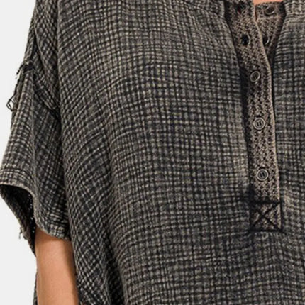 Zenana Washed Texture Half Button T-Shirt - Image 3