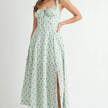 MABLE Floral Print Bustier Back Lace Up Midi Dress - Image 1