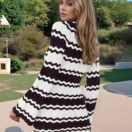 Wavy Striped Tied Front Long Sleeve Cover-Up Dress - Image 2