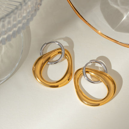 18K Gold-Plated Stainless Steel Contrast Asymmetrical  Earrings - Image 3