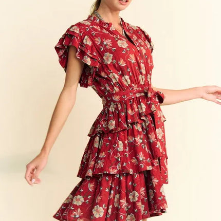 Davi & Dani Ruffle Flutter Sleeve Tie Belt Tiered Mini Dress - Image 5