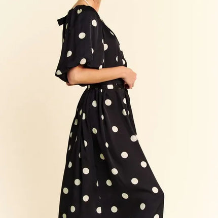 Davi & Dani Polka Dot Puff Sleeves Waist Tie Midi Dress - Image 4