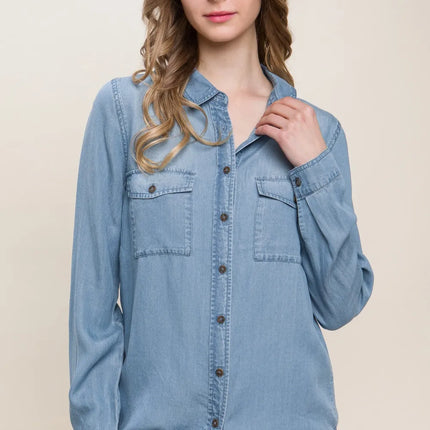 Love Tree Scooped Hem Button Up Denim Shirt - Image 1