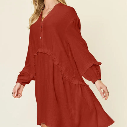 Double Take Full Size Texture Half Button Ruffle Trim Dress - Image 3