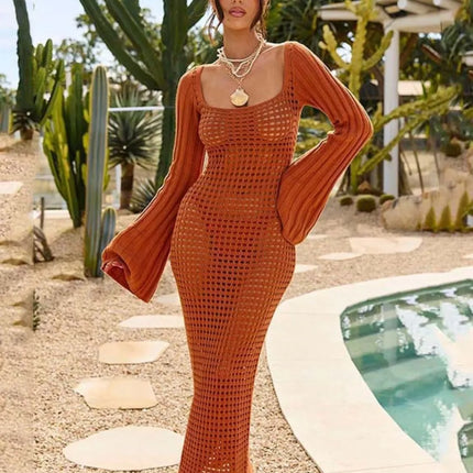 Openwork Square Neck Flare Sleeve Cover-Up Dress - Image 1