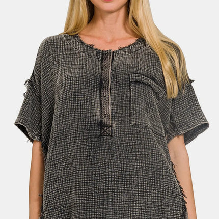 Zenana Washed Texture Half Button T-Shirt - Image 2
