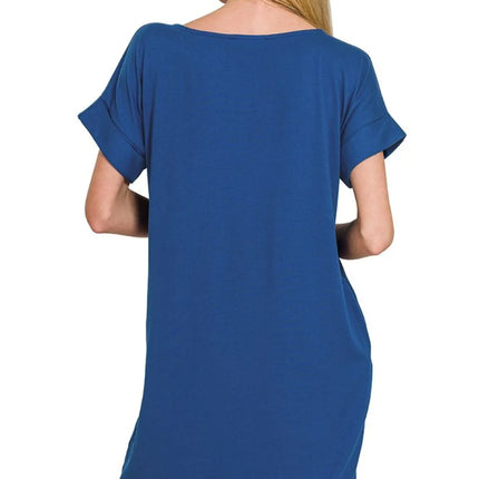 Zenana Rolled Short Sleeve Round Neck Dress - Image 2