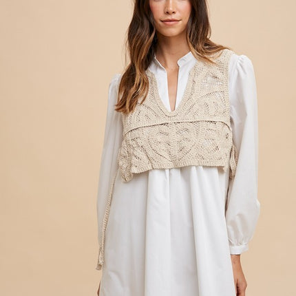 Annie Wear Crochet Vest Notched Long Sleeve Shirt Dress - Image 3