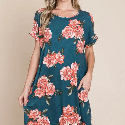 BOMBOM Floral Round Neck Short Tee Dress with Pockets - Image 1