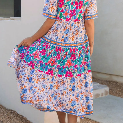 Mixed Floral Print Tie Neck Short Sleeve Dress - Image 3