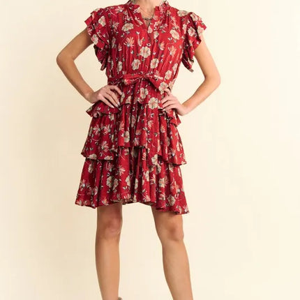 Davi & Dani Ruffle Flutter Sleeve Tie Belt Tiered Mini Dress - Image 7