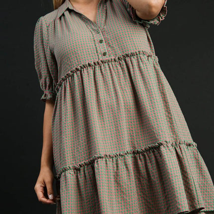 Umgee Full Size Plaid Frill Button Detail Ruffled Short Sleeve Dress Plus Size - Image 2