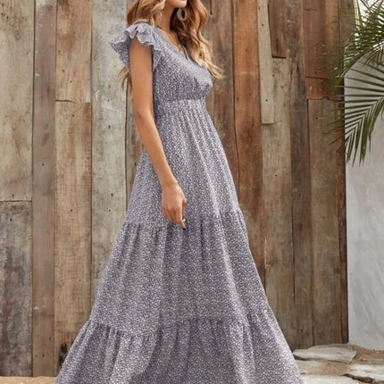 Printed V-Neck Ruffled Cap Sleeve Maxi Dress - Image 13