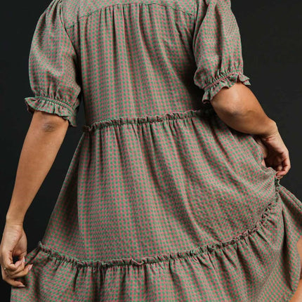 Umgee Full Size Plaid Frill Button Detail Ruffled Short Sleeve Dress Plus Size - Image 5