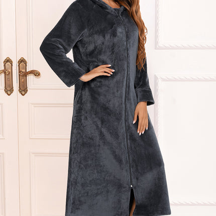 Zip Front Hooded Night Dress with Pockets - Image 4