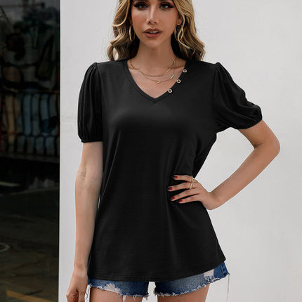 Ivy Lane V-Neck Decorative Buttons Puff Sleeve Tee - Image 4