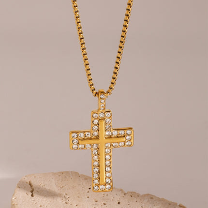 18K Gold-Plated Inlaid Zircon Cross Necklace - Image 4