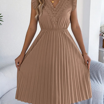 Lace Detail Ruffled Cap Sleeve Pleated Dress - Image 13