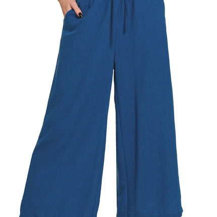 Zenana Woven Crepe Elastic Band Waist Cropped Pants - Image 1