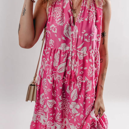 Floral Sleeveless Tasseled Tie Neck Tiered Midi Dress - Image 3
