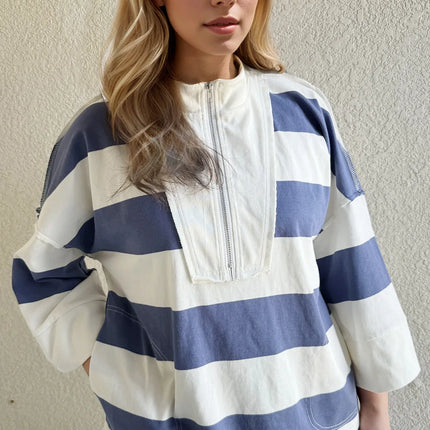 Oh Pima Cotton Wash Striped Half Zip Mock Neck Long Sleeve Top - Image 2