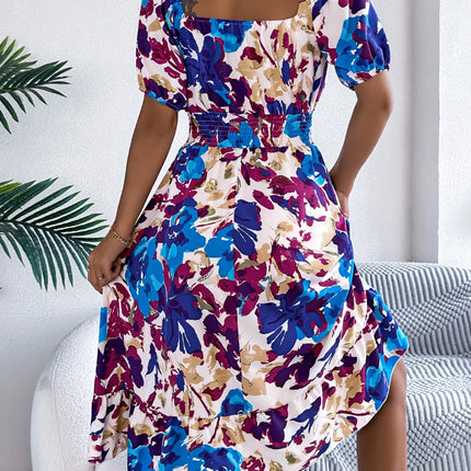 Ruffled Hem Smocked Floral Short Sleeve Midi Dress - Image 12
