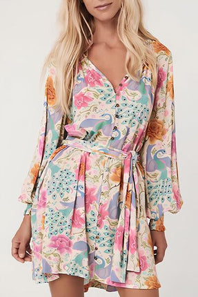 Printed Notched Lantern Sleeve Dress - Image 1