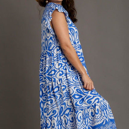 Umgee Full Size Two Tone Border Print Ruffle Cap Sleeve Midi Dress Plus Size - Image 6