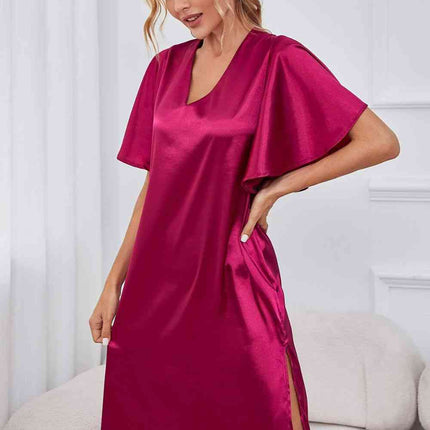 Satin Flutter Sleeve Side Slit V-Neck Night Dress - Image 1