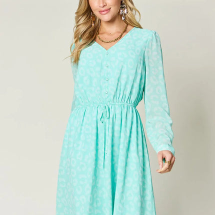 Double Take Full Size Printed Ruched V-Neck Long Sleeve Dress - Image 1