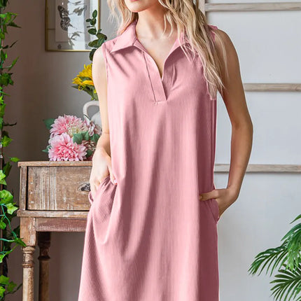 Heimish Full Size Ribbed Johnny Collar Sleeveless Dress - Image 2