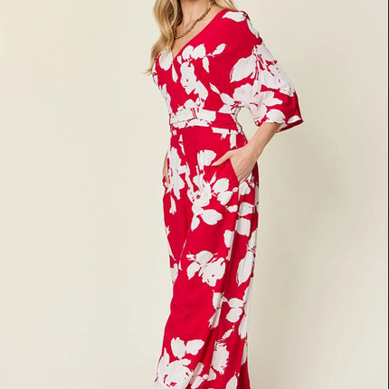 Double Take Full Size Printed Tie Back Wide Leg Jumpsuit - Image 17