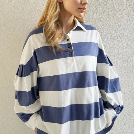 Oh Pima Cotton Wash Wide Striped Collared Neck Long Sleeve Top - Image 2