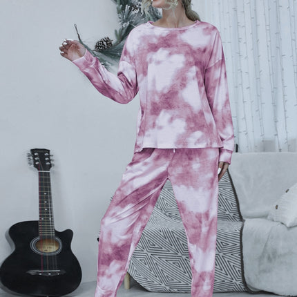 Shiny Tie-dye Round Neck Top and Drawstring Pants Lounge Set - Image 5