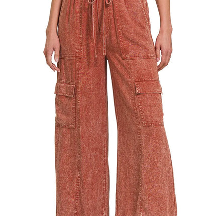Zenana Washed Linen Elastic Band Waist Cargo Pants - Image 1
